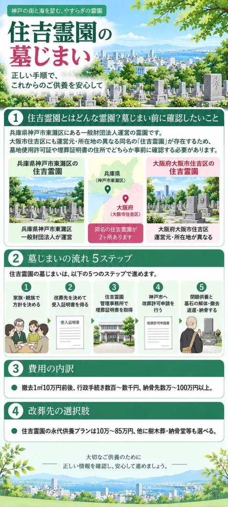 住吉霊園 墓じまいについて、神戸市と大阪市にある同名霊園の確認方法や墓じまいの5ステップ、費用の内訳、改葬先の選択肢をまとめています。