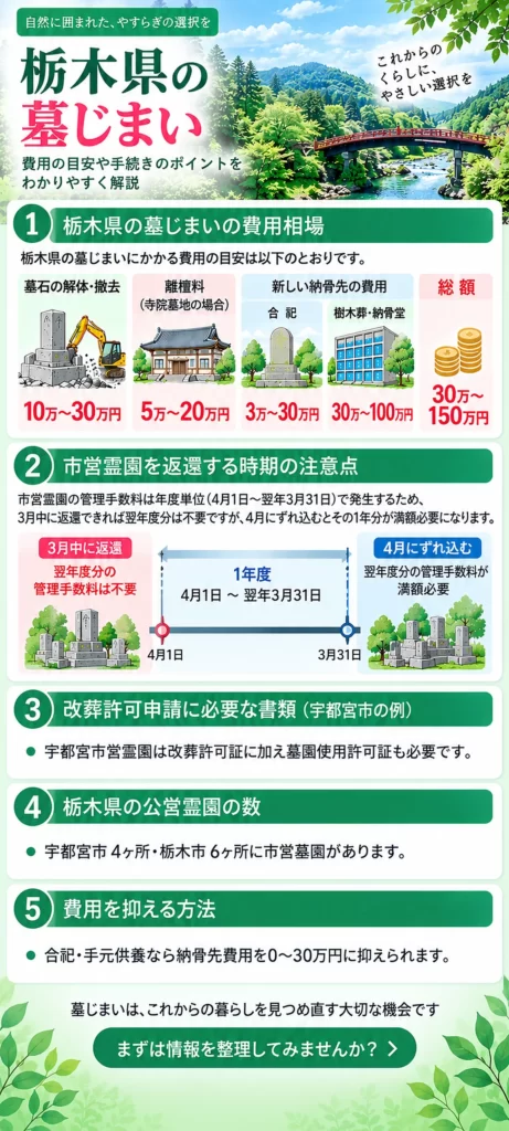 栃木県の墓じまいについて、費用相場、市営霊園を返還する時期の注意点、改葬許可申請に必要な書類、公営霊園の数、費用を抑える方法をまとめています。