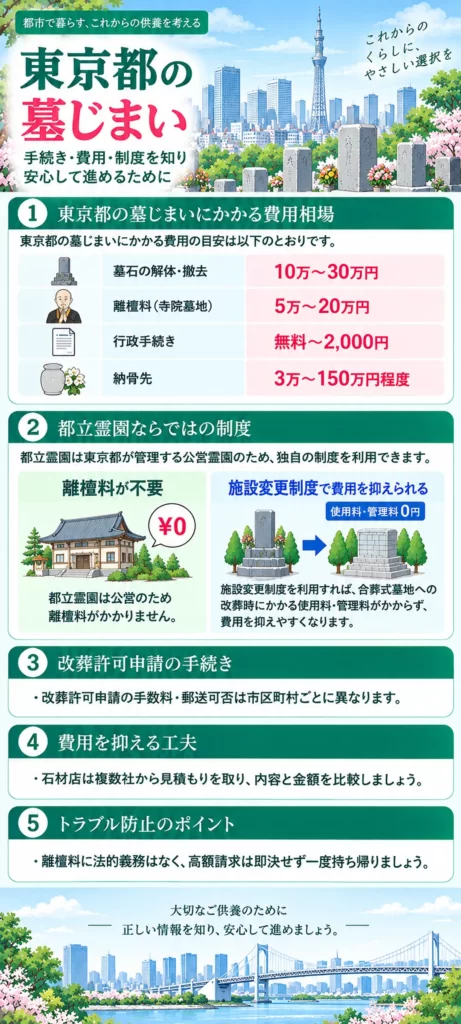 東京都 墓じまいについて、墓石撤去や離檀料などの費用相場、都立霊園の施設変更制度、改葬許可申請、費用を抑える工夫とトラブル防止策をまとめています。