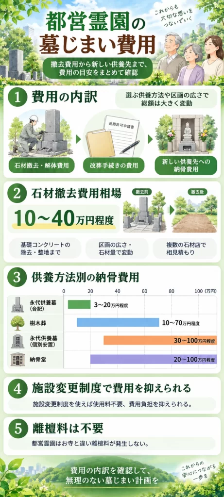 都営霊園の墓じまい費用について、石材撤去・解体費用、供養方法別の納骨費用、施設変更制度、離檀料の有無をまとめています。