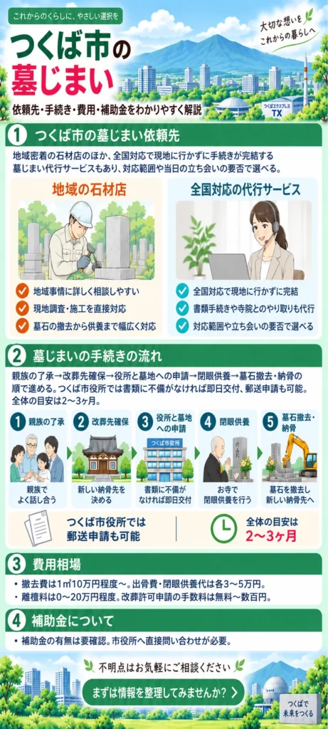 つくば市の墓じまいについて、地域の石材店と全国対応サービスの違い、5つの手続きの流れ、費用相場、補助金の確認方法をまとめています。