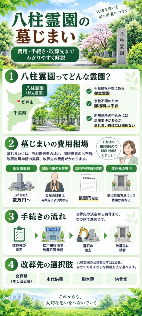 八柱霊園の墓じまいについて、霊園の特徴、墓石撤去や改葬手続きの費用相場、手続きの流れ、改葬先の選択肢をまとめています。