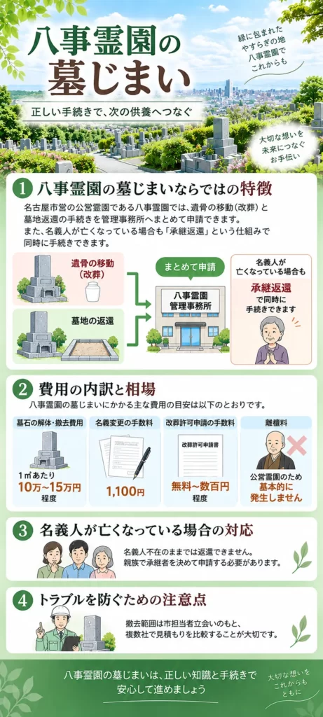 八事霊園 墓じまいについて、改葬と墓地返還の一括申請、承継返還、費用の内訳、名義人が亡くなっている場合の対応や注意点をまとめています。