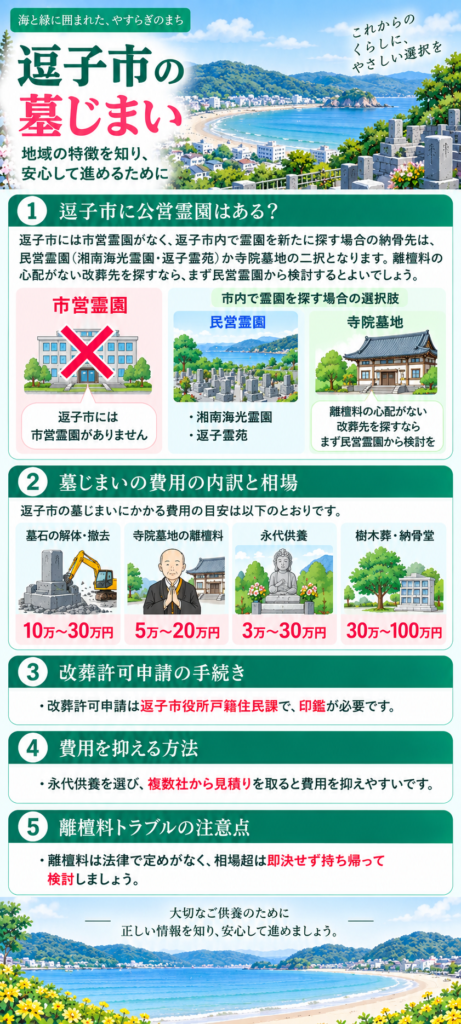 逗子市の墓じまいについて、市営霊園の有無、市内で選べる民営霊園・寺院墓地、費用相場、改葬許可申請、費用を抑える方法、離檀料の注意点をまとめています。
